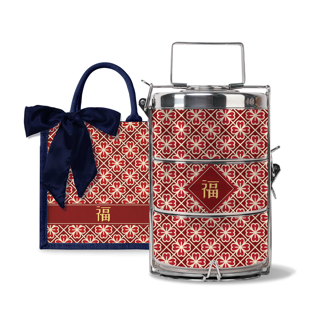 Lucky Jade (Red Design) - Lunch Tote Bag with Three-Tier Tiffin Carrier