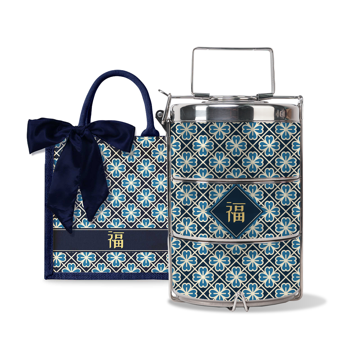 Lucky Jade (Navy Design) - Lunch Tote Bag with Three-Tier Tiffin Carrier
