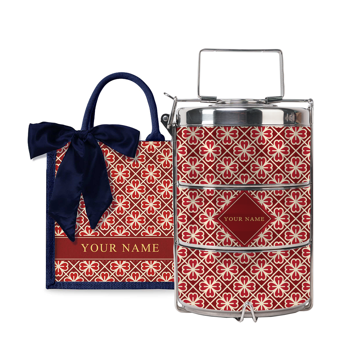 Lucky Jade (Red Design) - Lunch Tote Bag with Three-Tier Tiffin Carrier