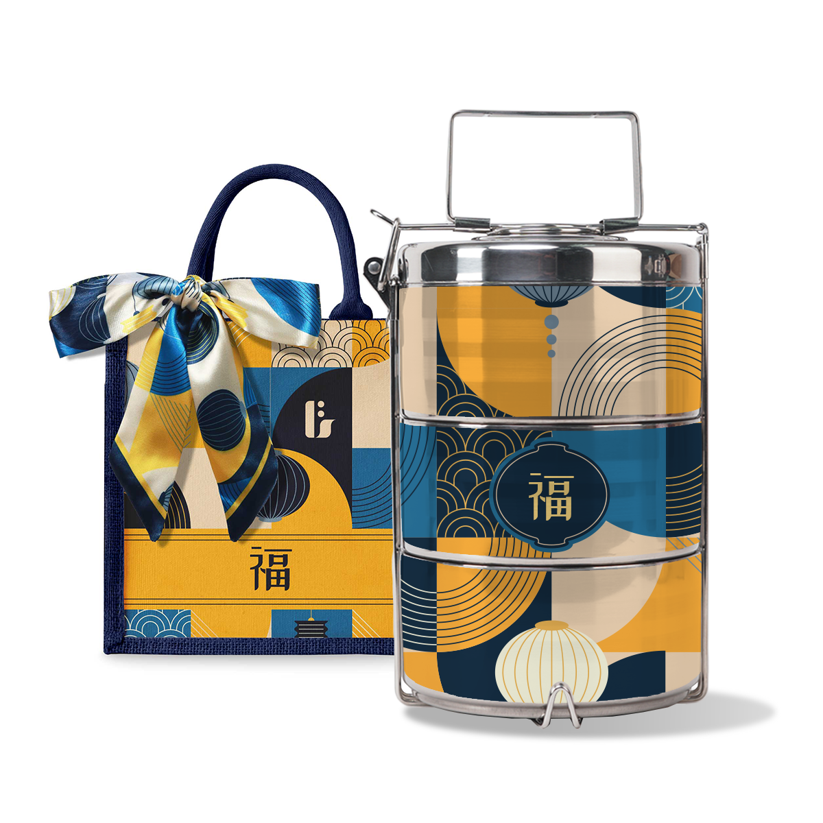 Lunar Blessing (Navy Design) - Lunch Tote Bag with Three-Tier Tiffin Carrier