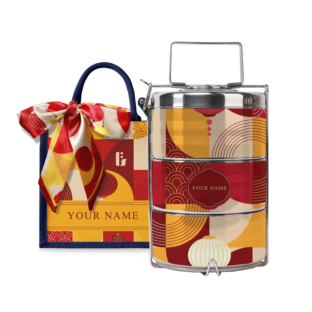 Lunar Blessing (Red Design) - Lunch Tote Bag with Three-Tier Tiffin Carrier