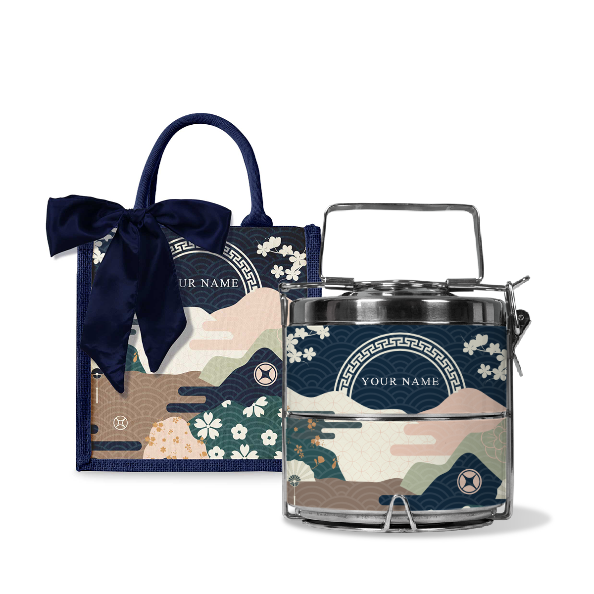 Fortune Garden (Navy Design) - Lunch Tote Bag with Two-Tier Tiffin Carrier