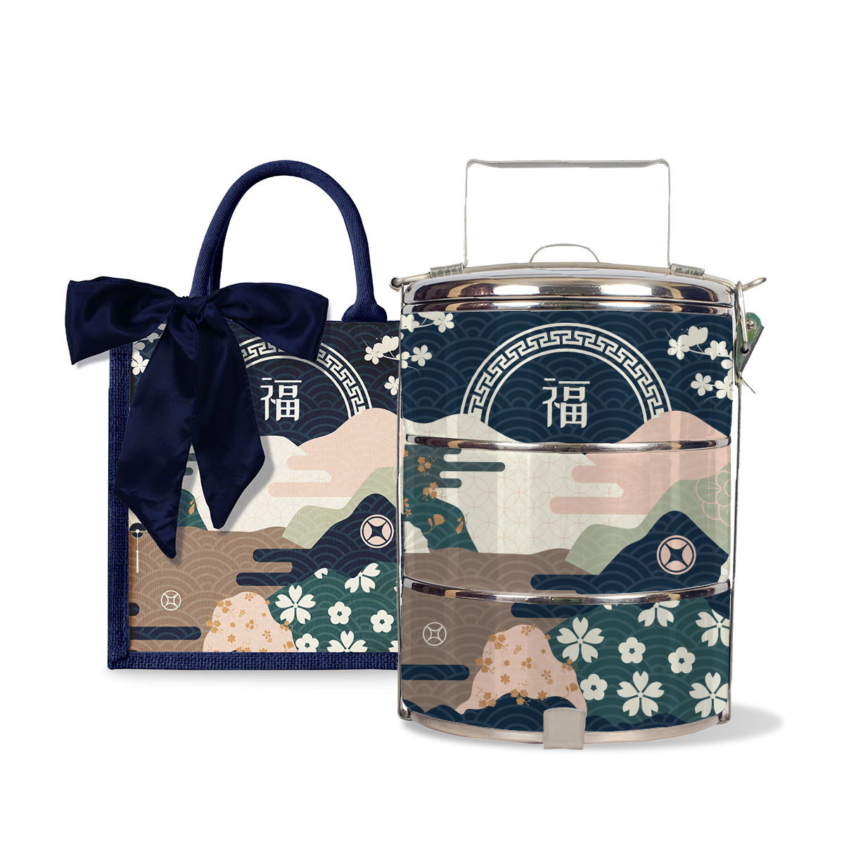 Fortune Garden (Navy Design) - Lunch Tote Bag with Three-Tier Tiffin Carrier