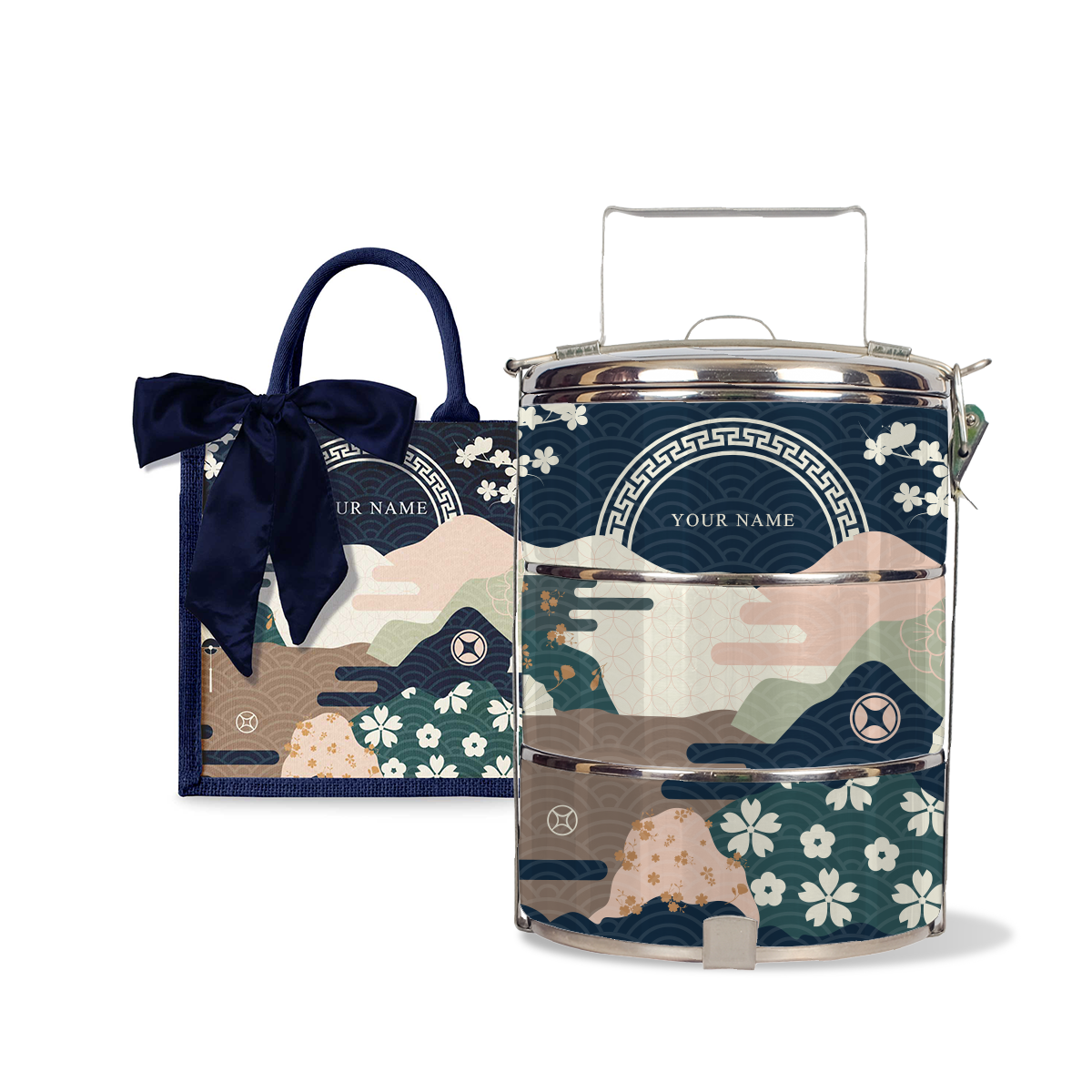 Fortune Garden (Navy Design) - Lunch Tote Bag with Three-Tier Tiffin Carrier