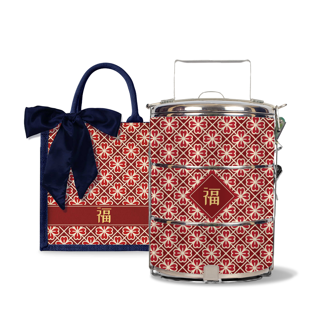 Lucky Jade (Red Design) - Lunch Tote Bag with Three-Tier Tiffin Carrier