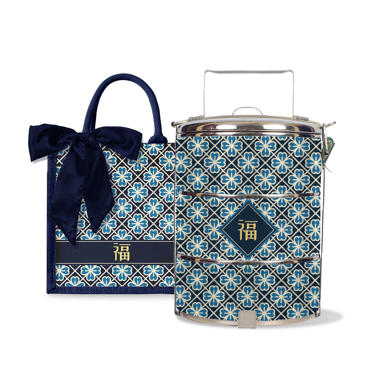 Lucky Jade (Navy Design) - Lunch Tote Bag with Three-Tier Tiffin Carrier