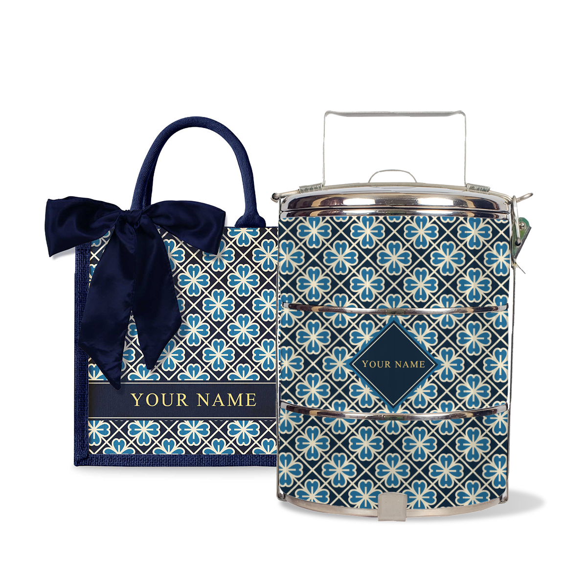 Lucky Jade (Navy Design) - Lunch Tote Bag with Three-Tier Tiffin Carrier