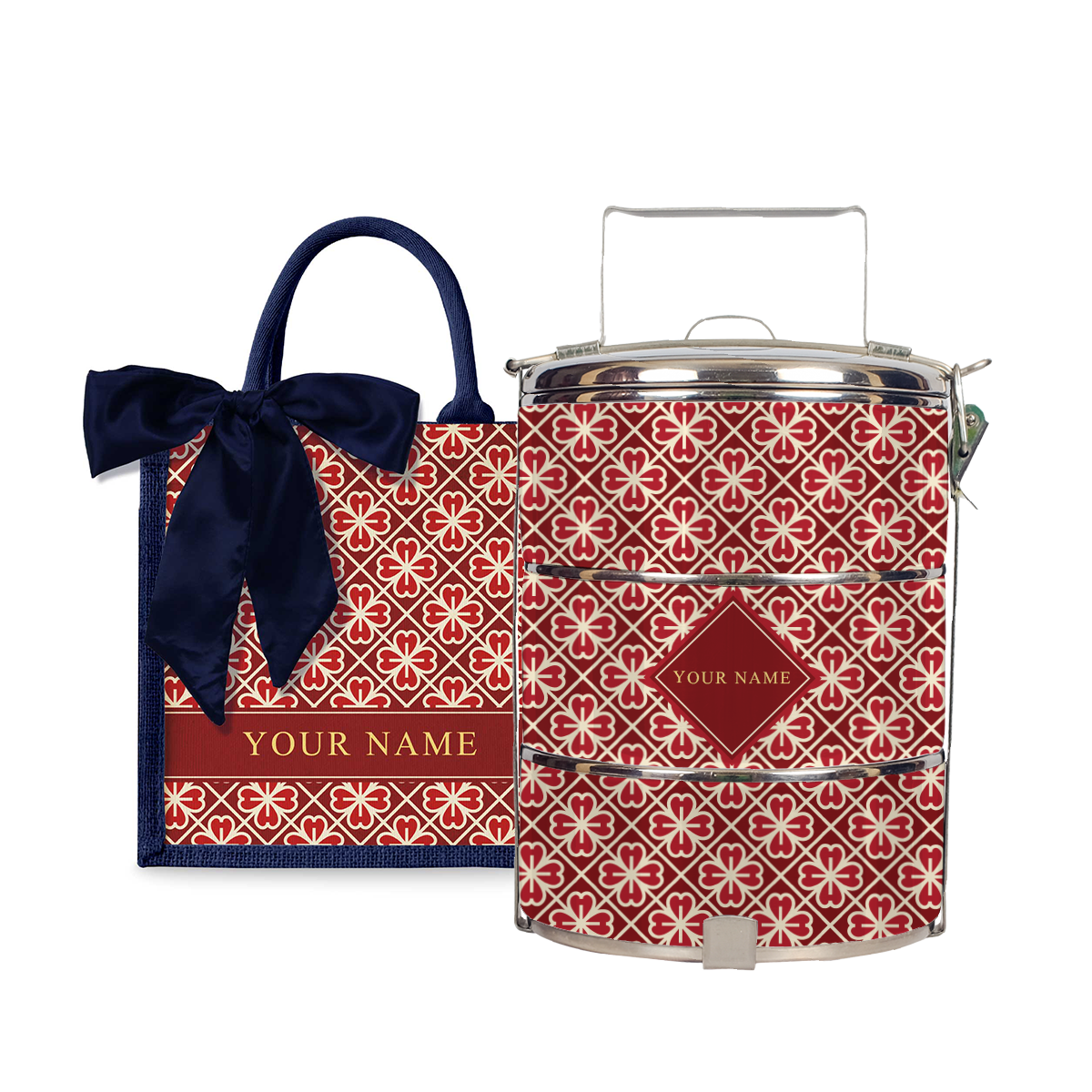 Lucky Jade (Red Design) - Lunch Tote Bag with Three-Tier Tiffin Carrier