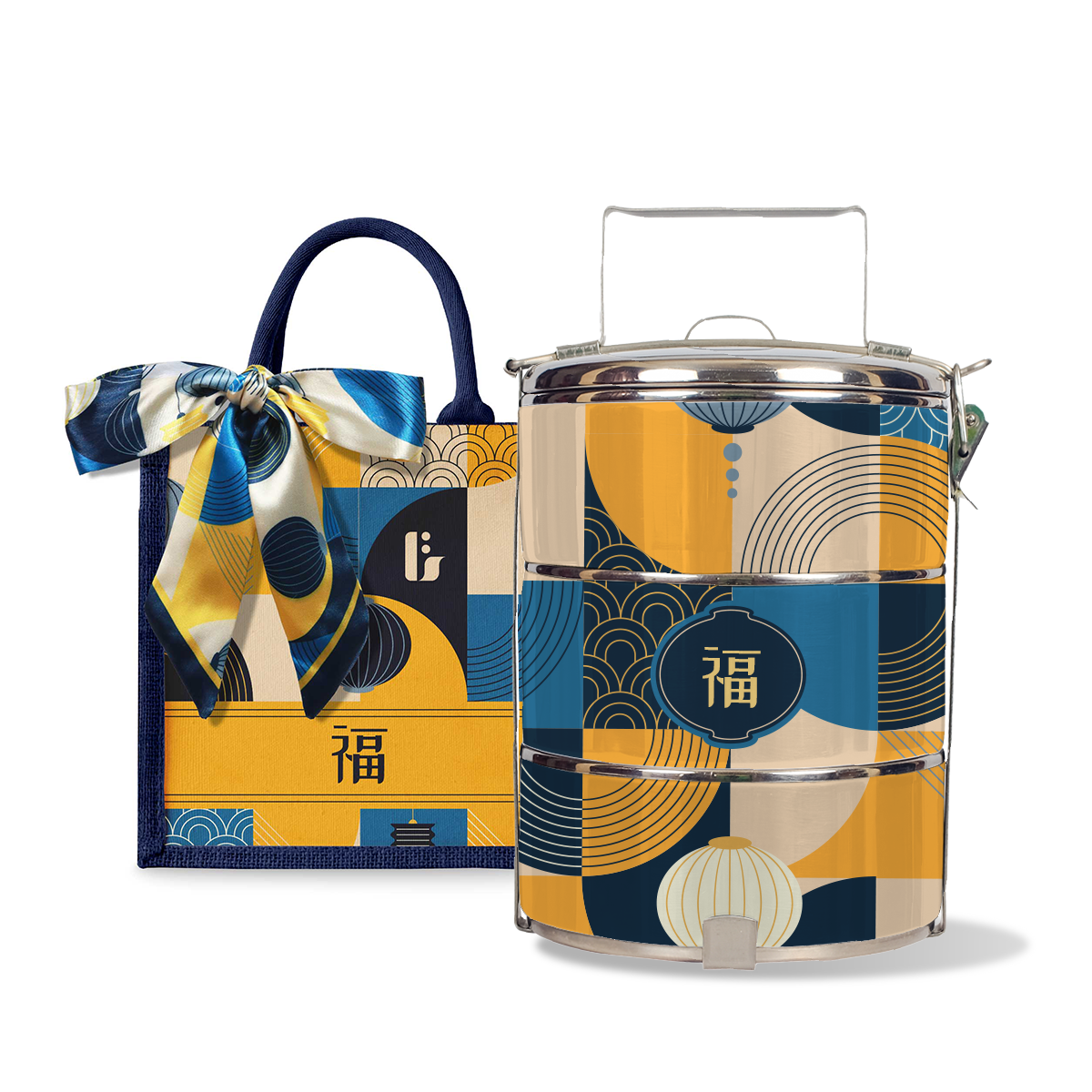 Lunar Blessing (Navy Design) - Lunch Tote Bag with Three-Tier Tiffin Carrier