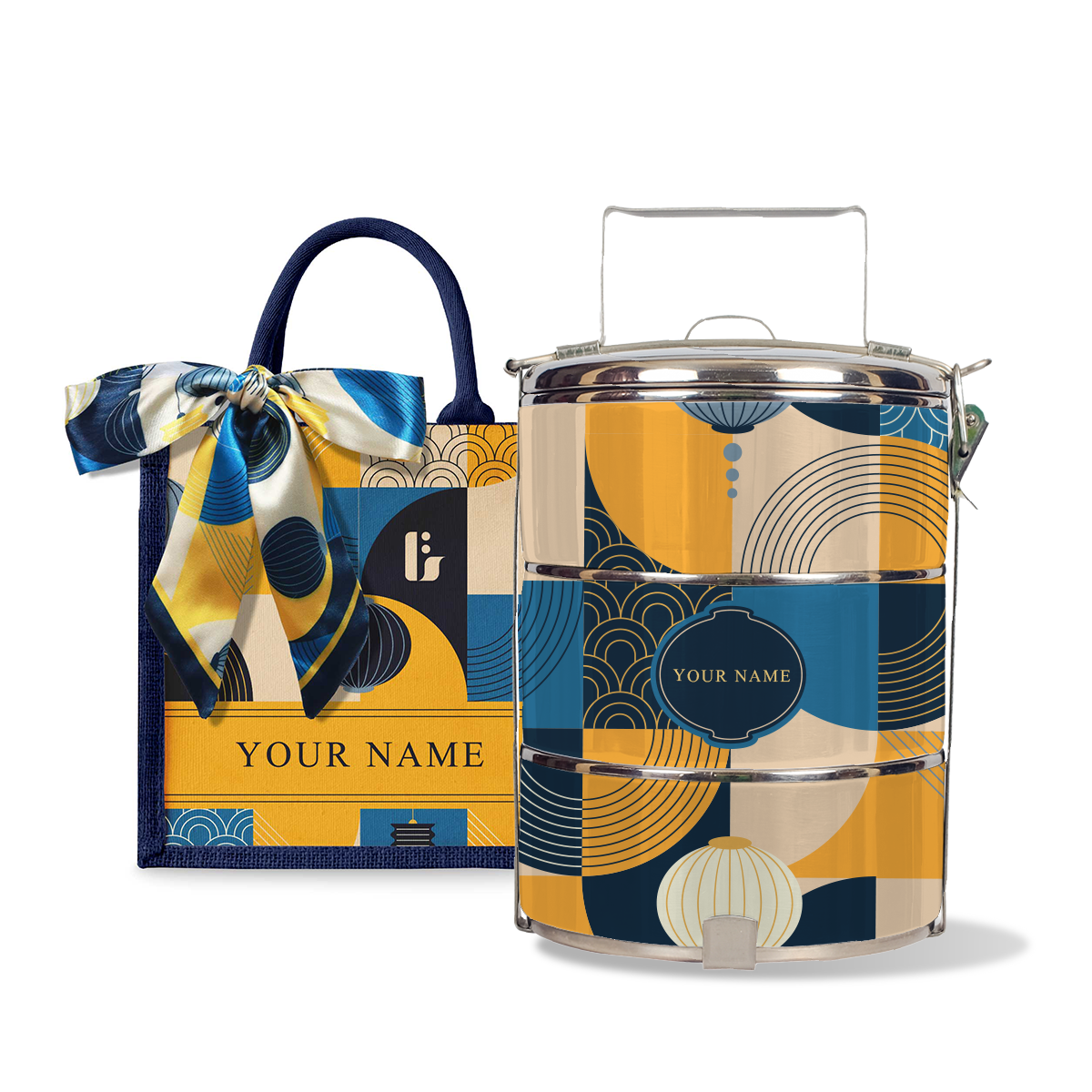 Lunar Blessing (Navy Design) - Lunch Tote Bag with Three-Tier Tiffin Carrier