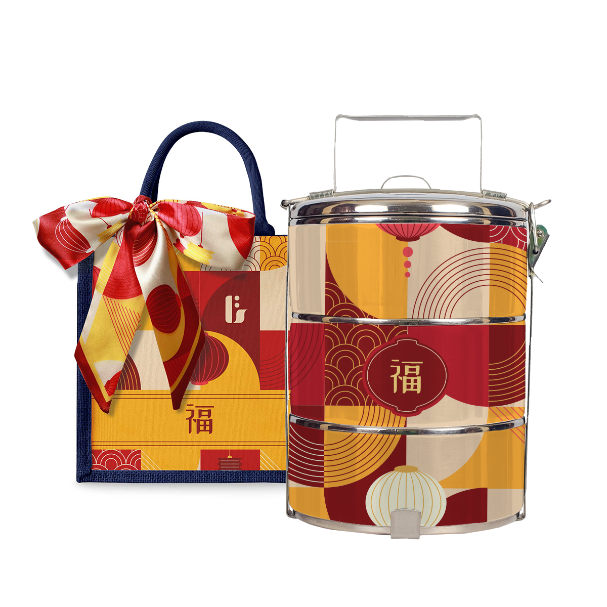 Lunar Blessing (Red Design) - Lunch Tote Bag with Three-Tier Tiffin Carrier
