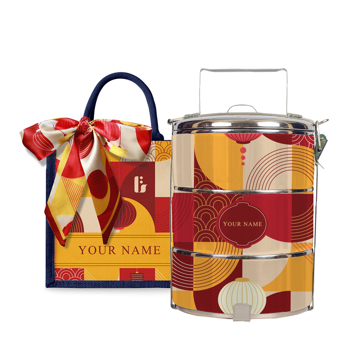 Lunar Blessing (Red Design) - Lunch Tote Bag with Three-Tier Tiffin Carrier