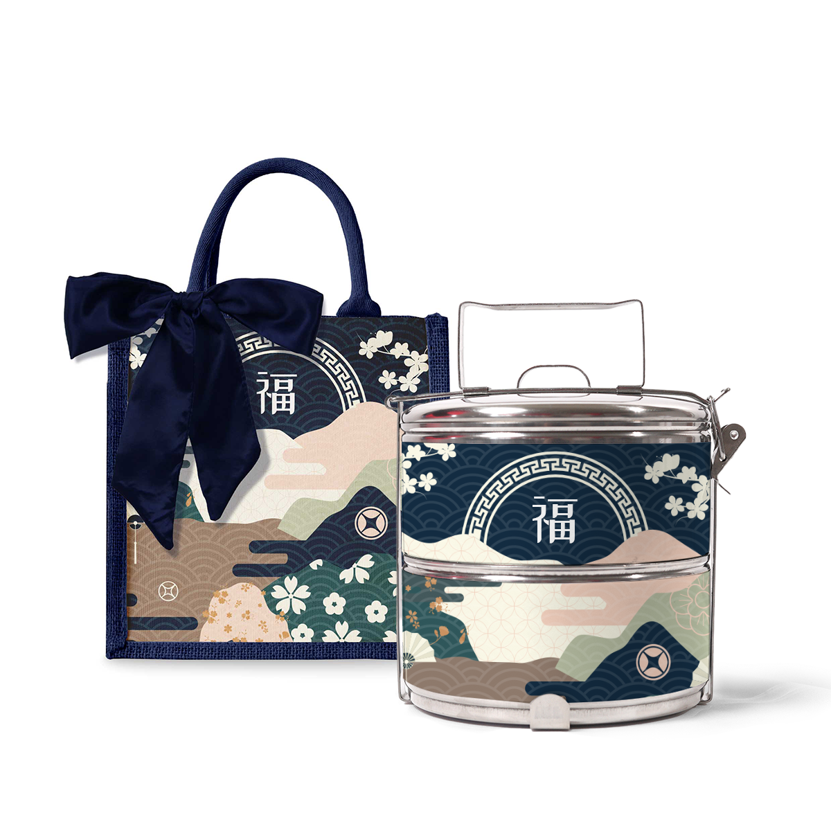 Fortune Garden (Navy Design) - Lunch Tote Bag with Two-Tier Tiffin Carrier