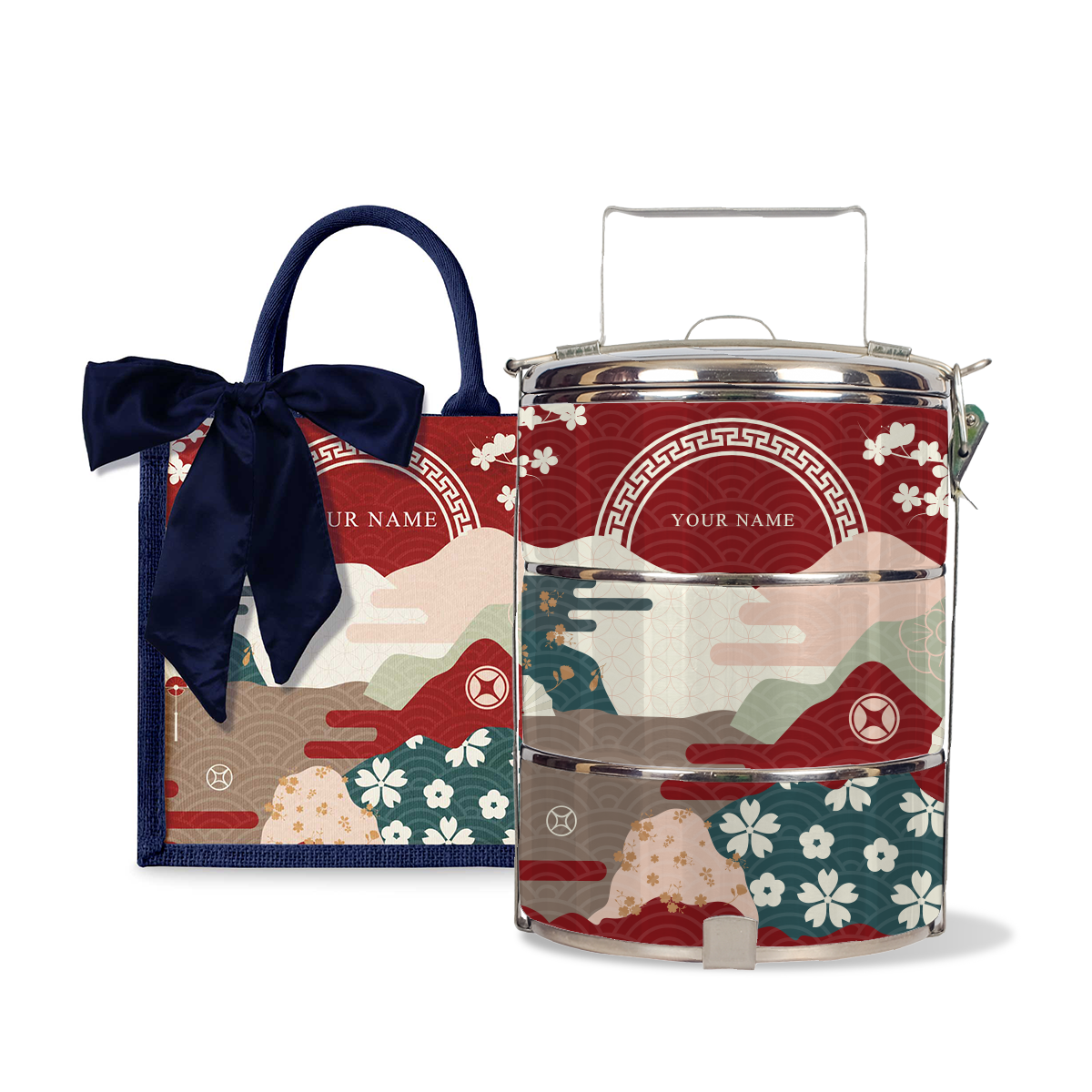 Fortune Garden (Red Design) - Lunch Tote Bag with Three-Tier Tiffin Carrier