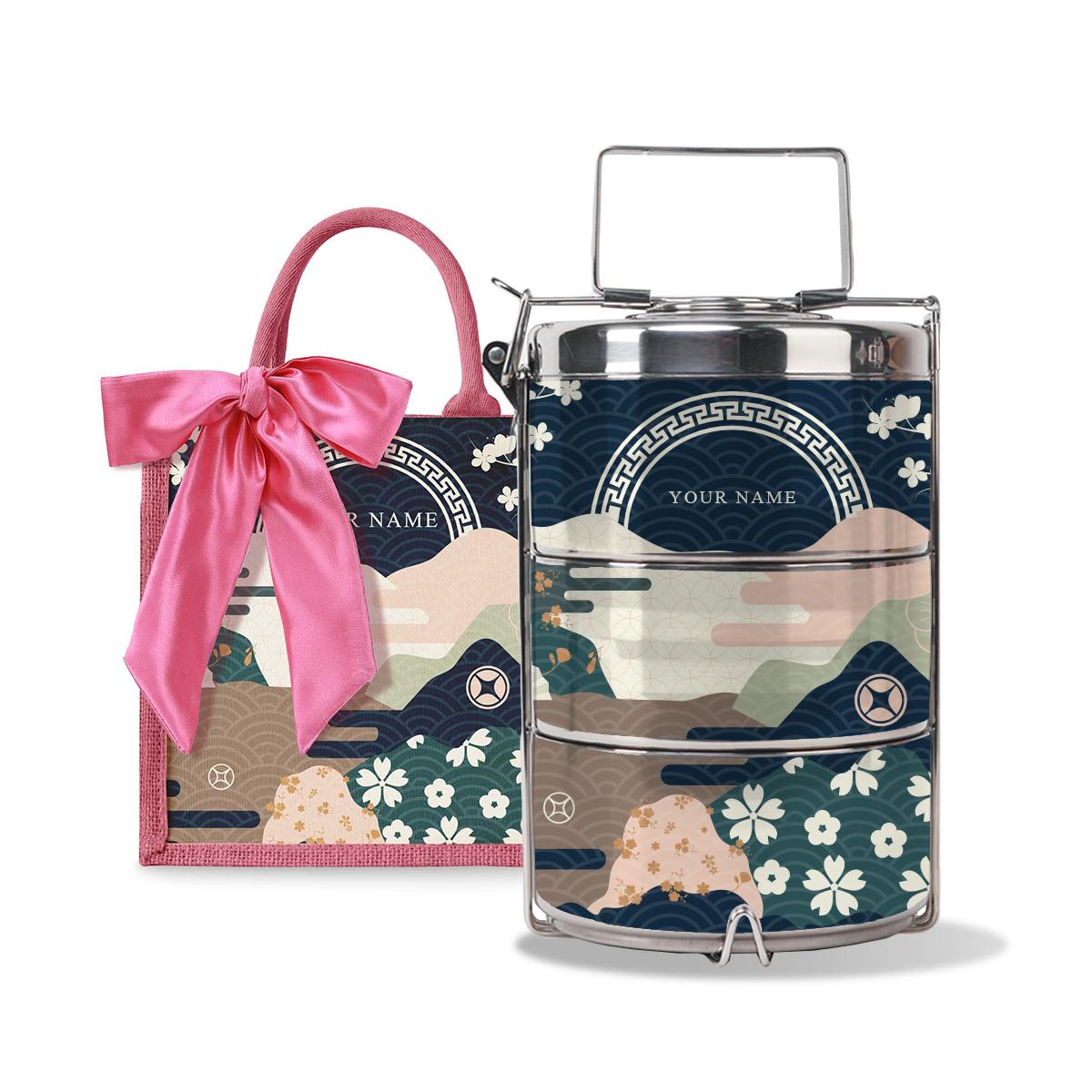 Fortune Garden (Navy Design) - Lunch Tote Bag with Three-Tier Tiffin Carrier