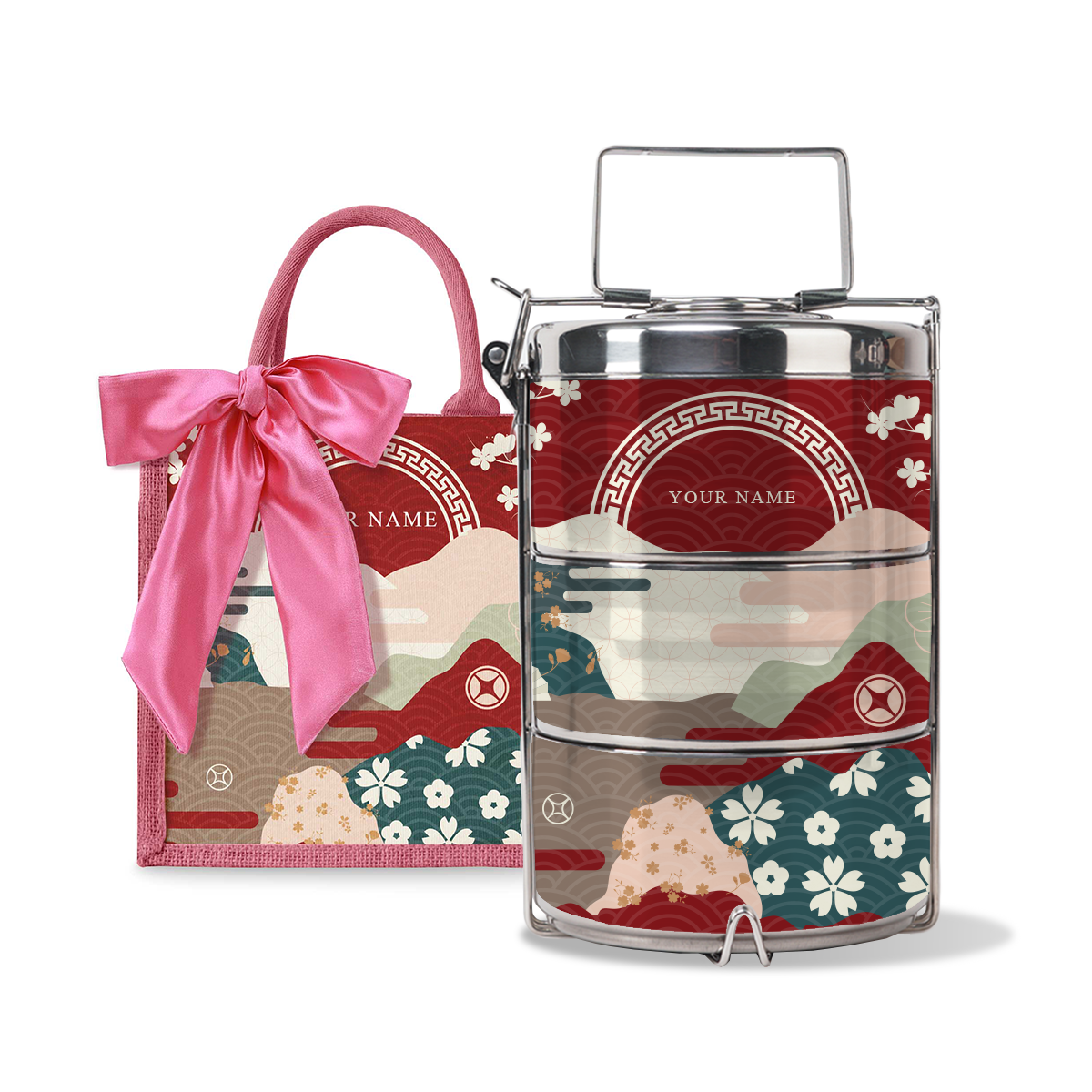 Fortune Garden (Red Design) - Lunch Tote Bag with Three-Tier Tiffin Carrier