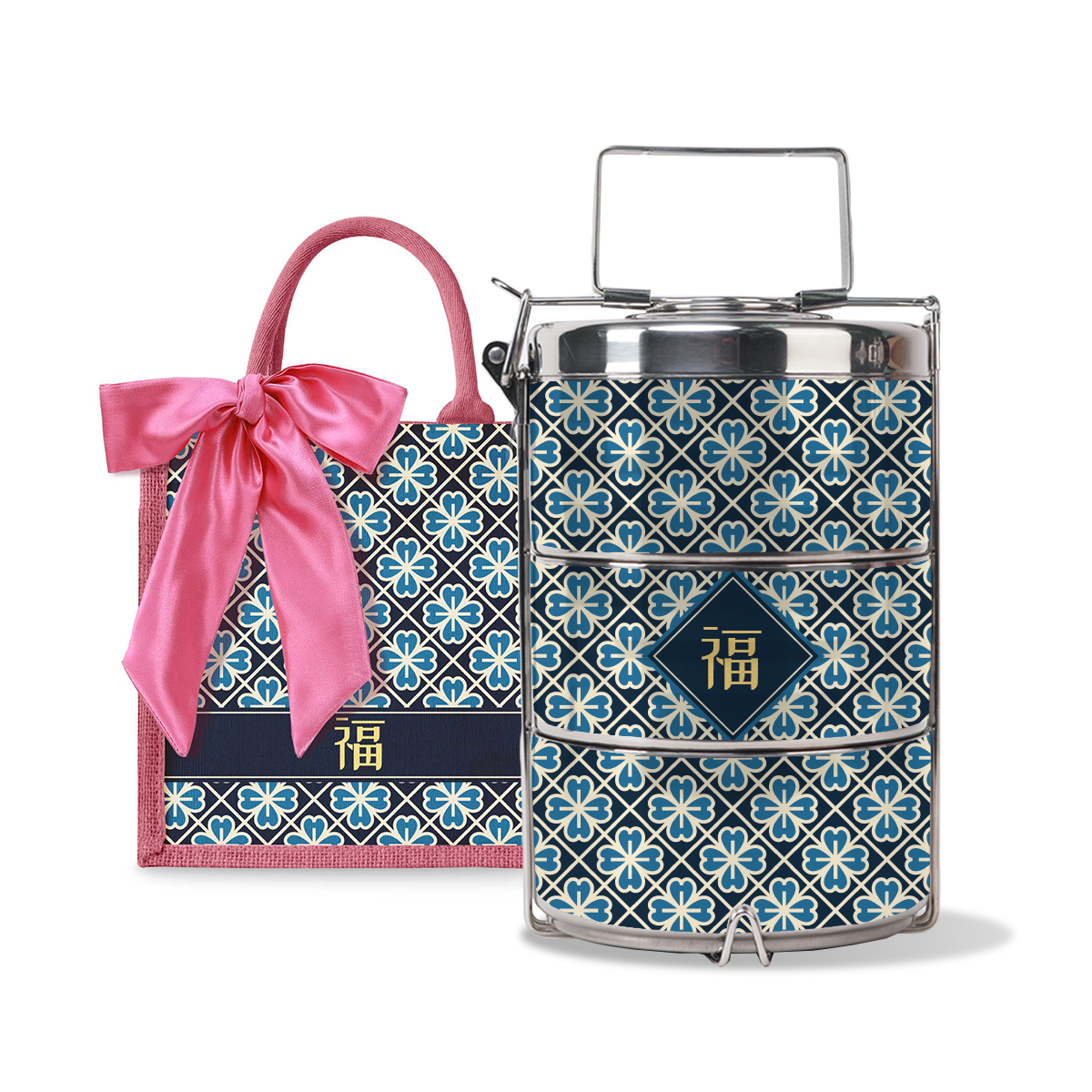 Lucky Jade (Navy Design) - Lunch Tote Bag with Three-Tier Tiffin Carrier