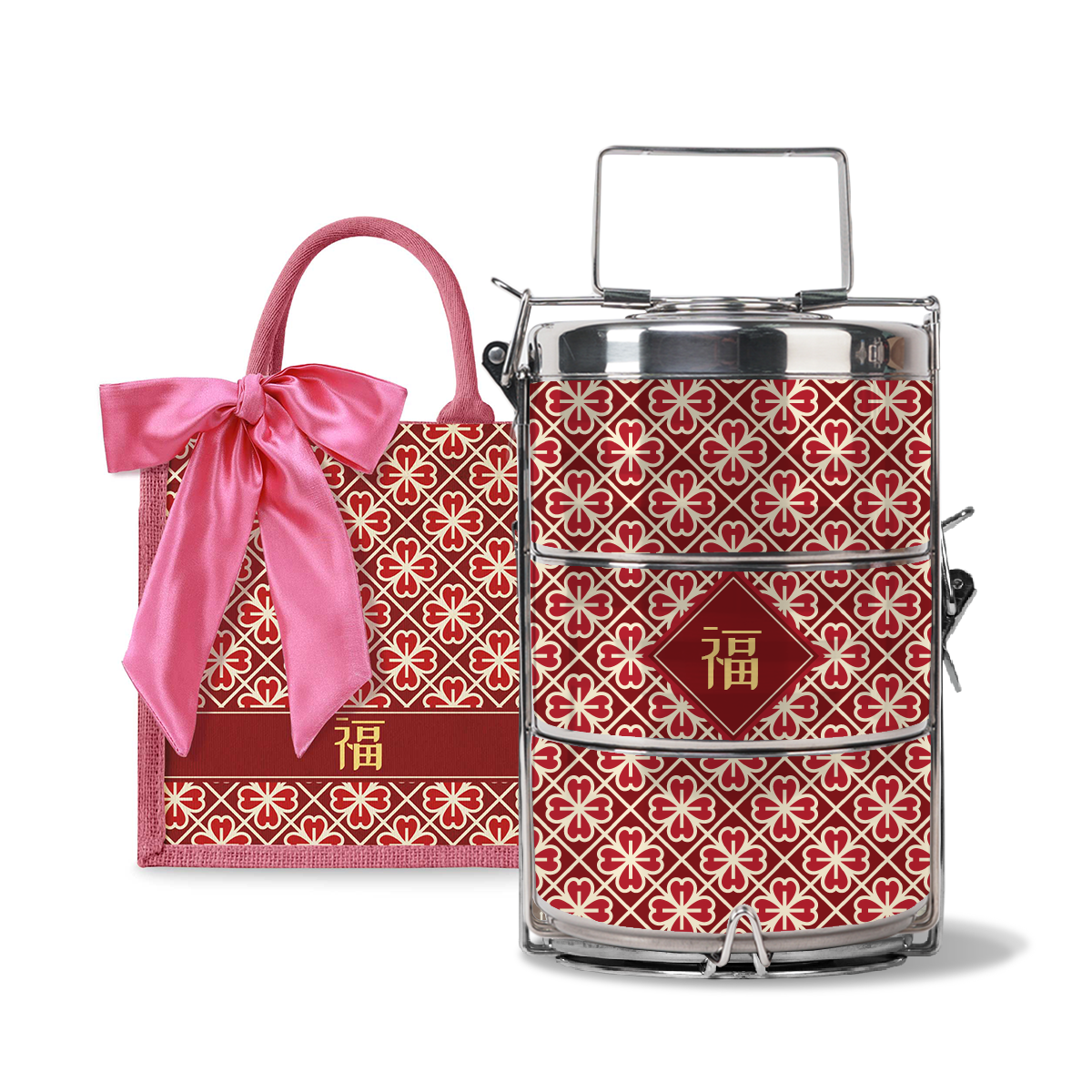 Lucky Jade (Red Design) - Lunch Tote Bag with Three-Tier Tiffin Carrier