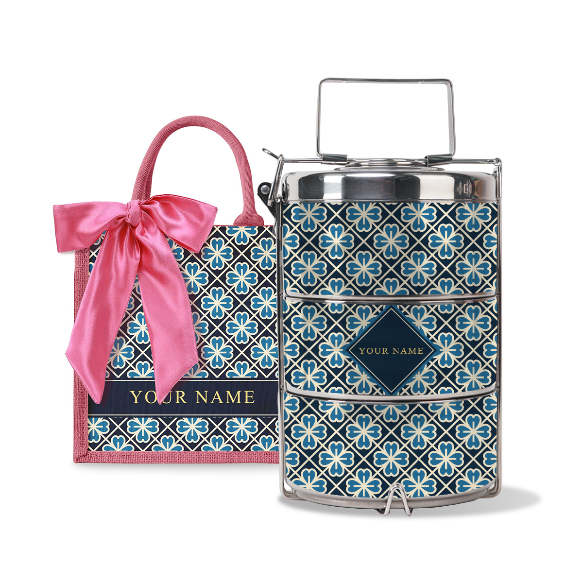 Lucky Jade (Navy Design) - Lunch Tote Bag with Three-Tier Tiffin Carrier