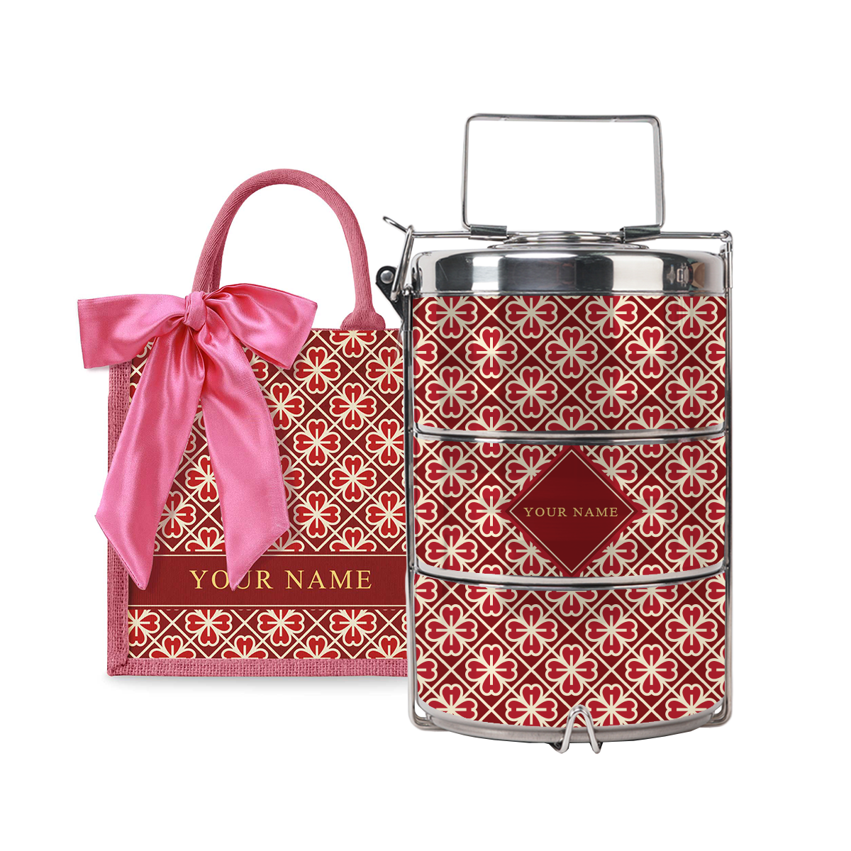 Lucky Jade (Red Design) - Lunch Tote Bag with Three-Tier Tiffin Carrier