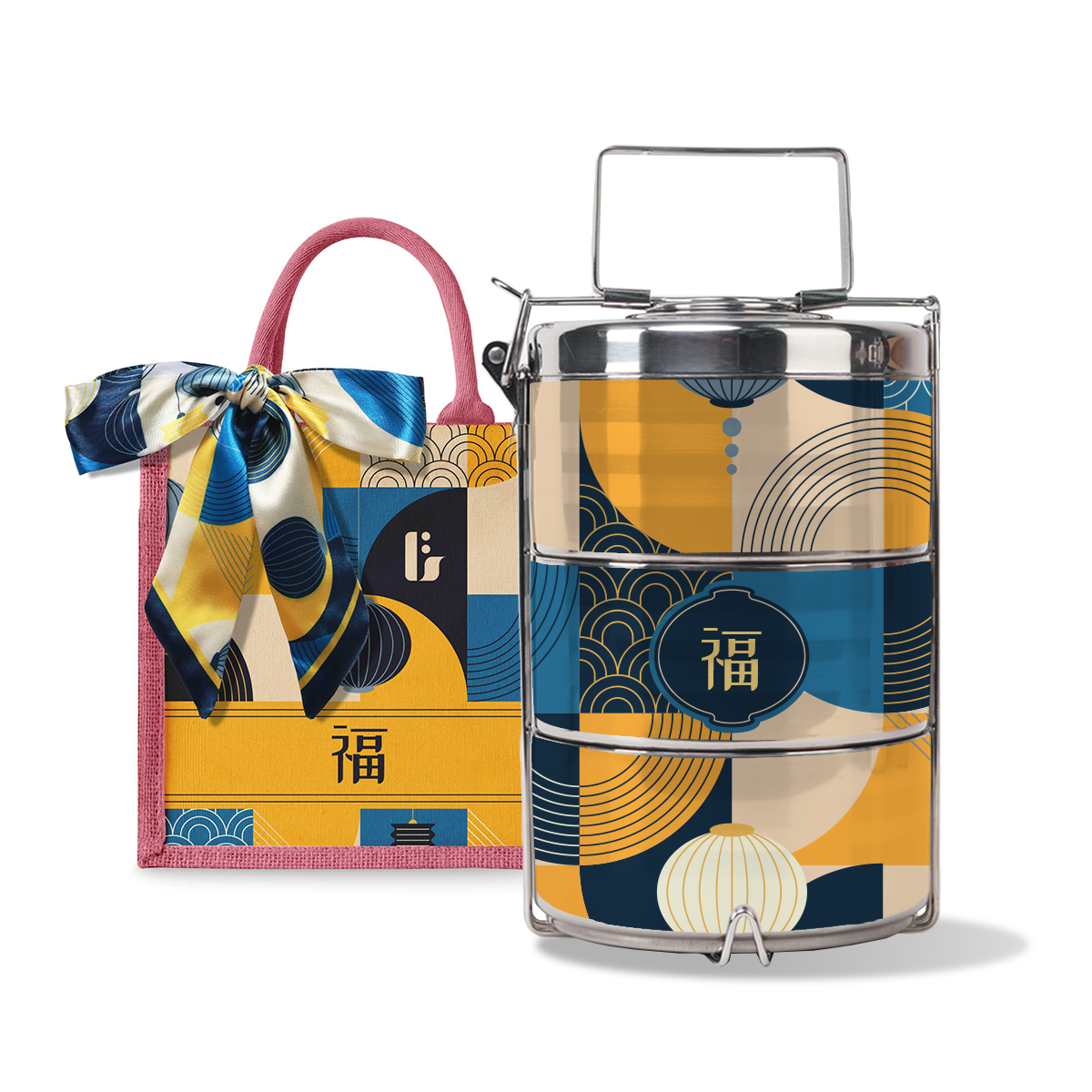 Lunar Blessing (Navy Design) - Lunch Tote Bag with Three-Tier Tiffin Carrier