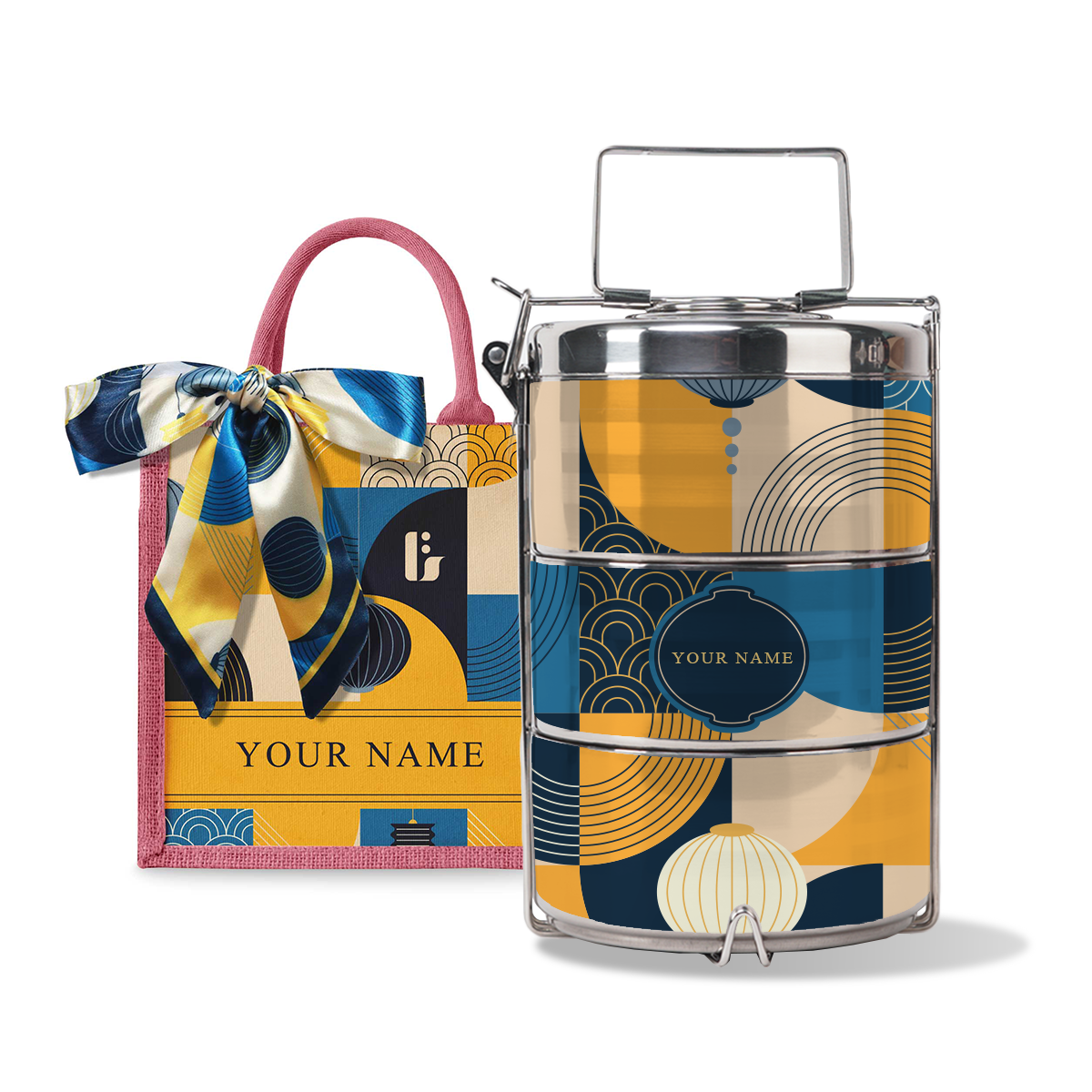Lunar Blessing (Navy Design) - Lunch Tote Bag with Three-Tier Tiffin Carrier
