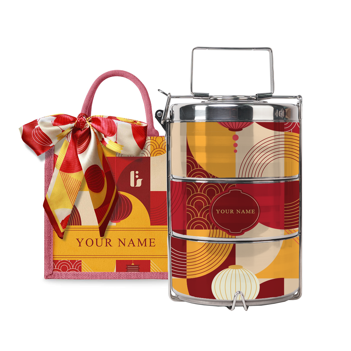 Lunar Blessing (Red Design) - Lunch Tote Bag with Three-Tier Tiffin Carrier