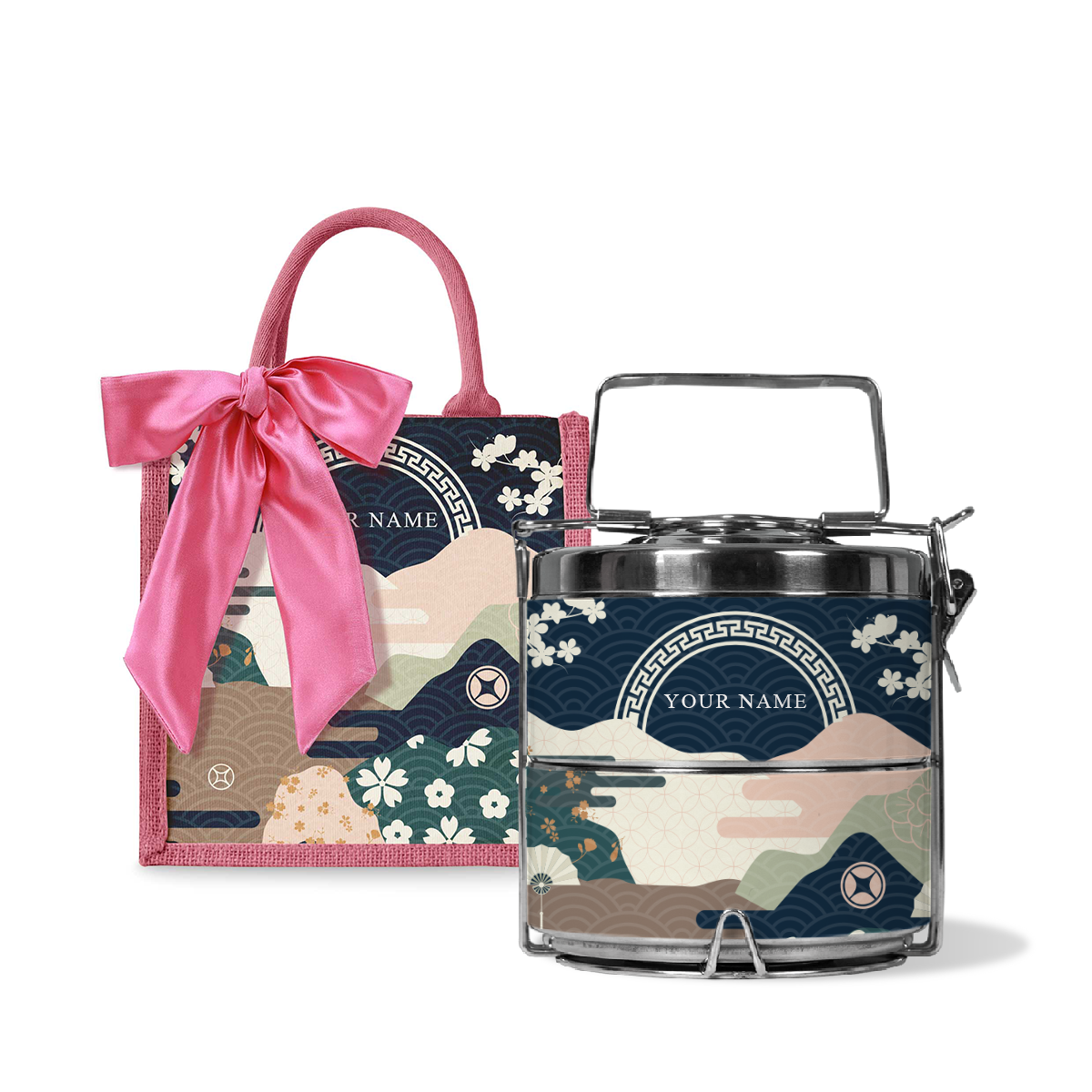 Fortune Garden (Navy Design) - Lunch Tote Bag with Two-Tier Tiffin Carrier