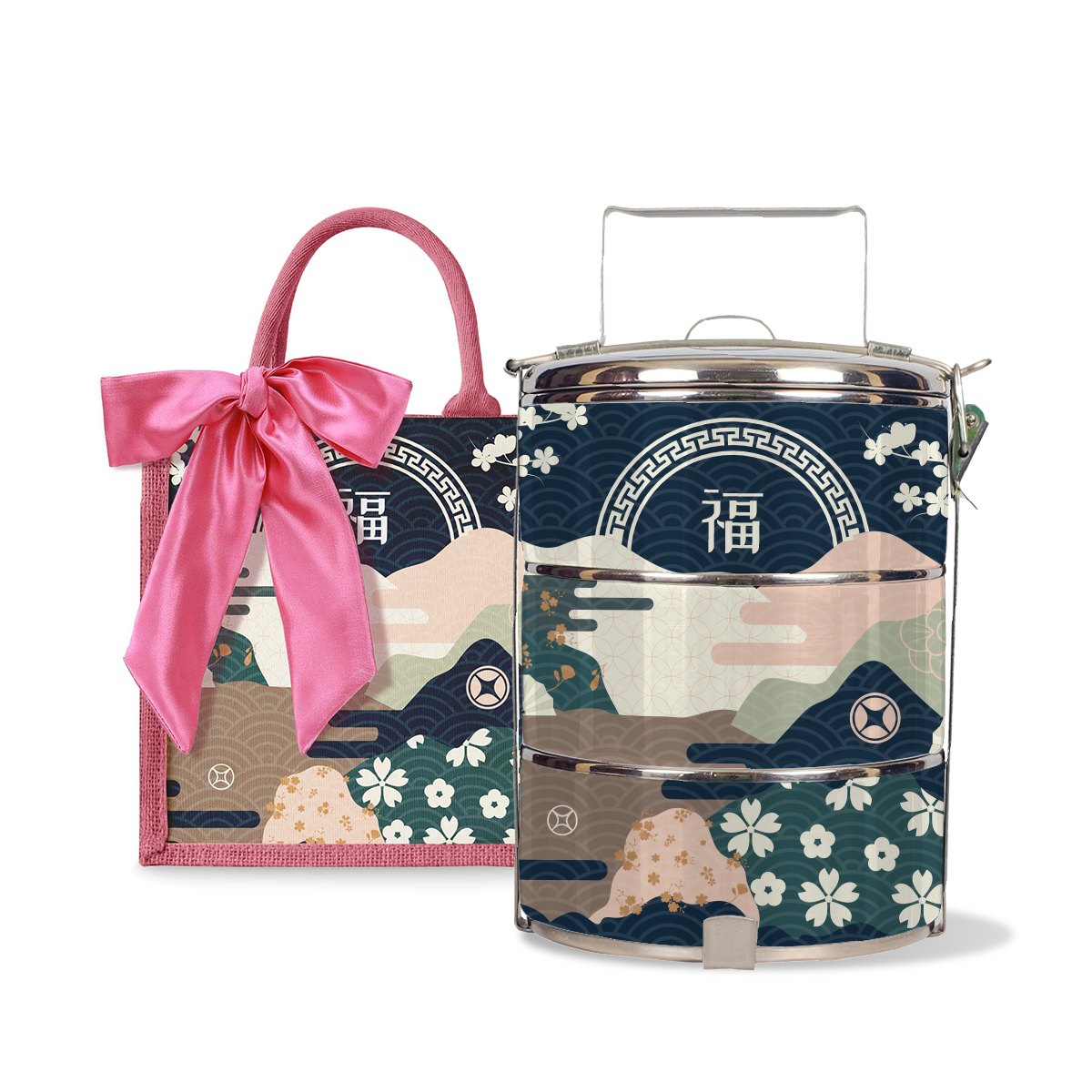 Fortune Garden (Navy Design) - Lunch Tote Bag with Three-Tier Tiffin Carrier