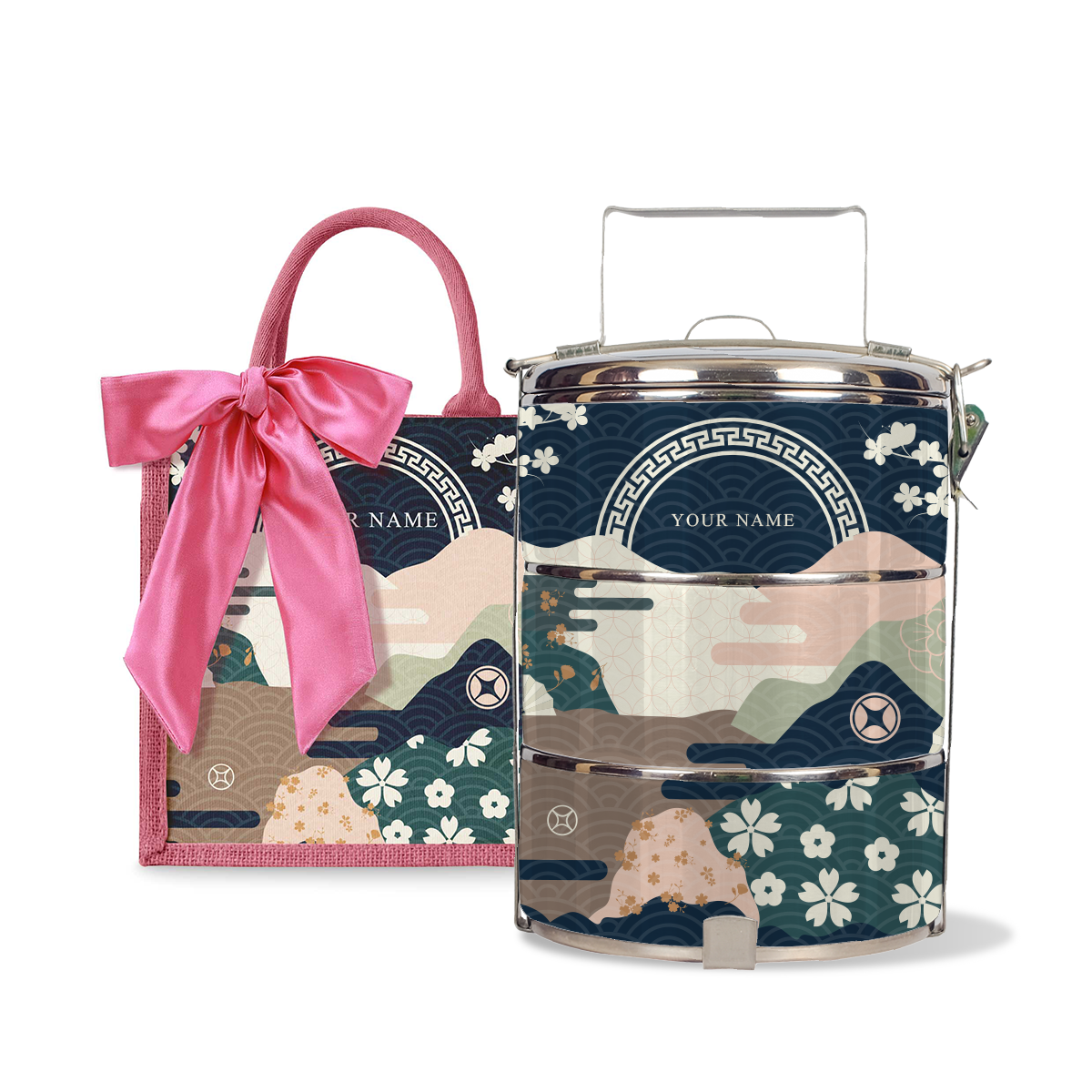 Fortune Garden (Navy Design) - Lunch Tote Bag with Three-Tier Tiffin Carrier