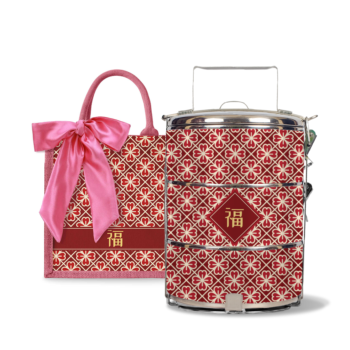 Lucky Jade (Red Design) - Lunch Tote Bag with Three-Tier Tiffin Carrier