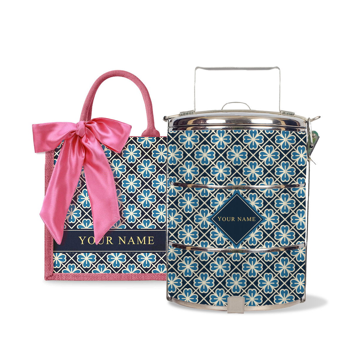 Lucky Jade (Navy Design) - Lunch Tote Bag with Three-Tier Tiffin Carrier