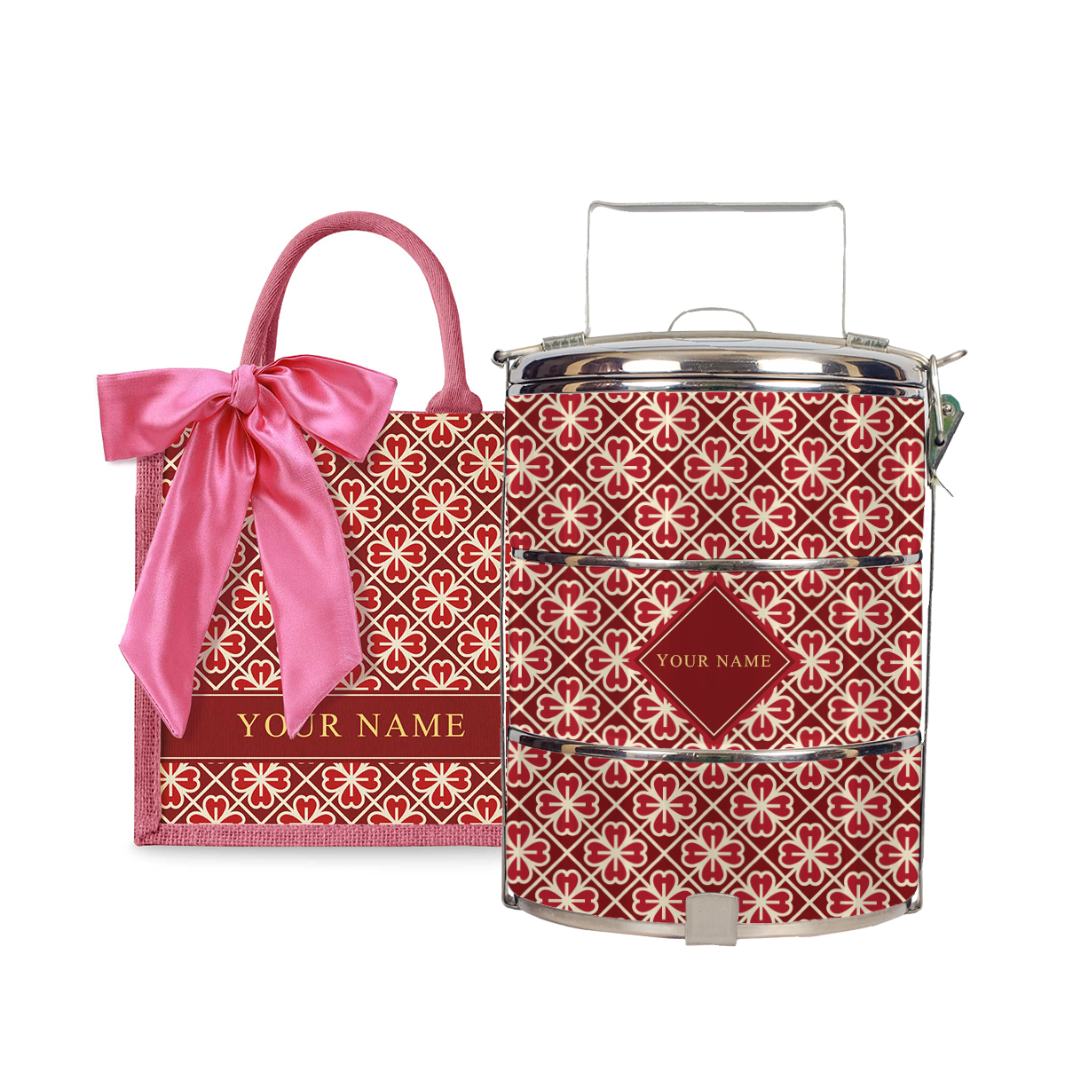 Lucky Jade (Red Design) - Lunch Tote Bag with Three-Tier Tiffin Carrier