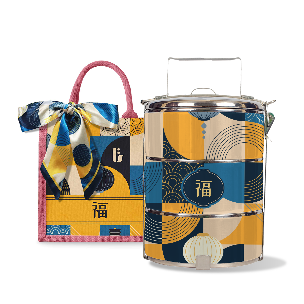 Lunar Blessing (Navy Design) - Lunch Tote Bag with Three-Tier Tiffin Carrier