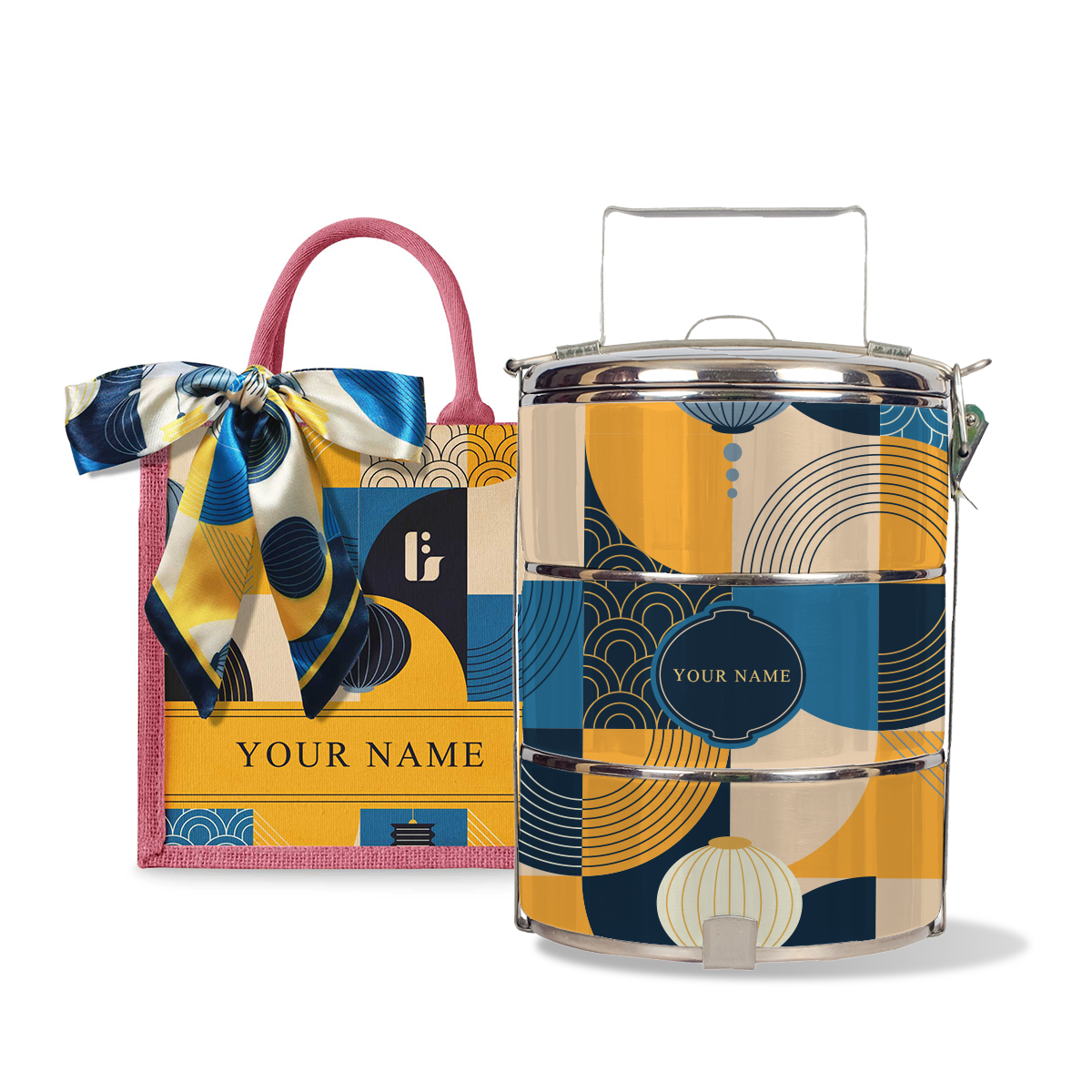 Lunar Blessing (Navy Design) - Lunch Tote Bag with Three-Tier Tiffin Carrier