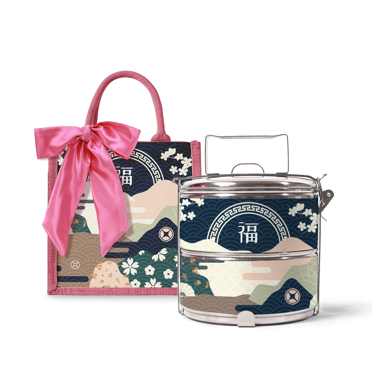 Fortune Garden (Navy Design) - Lunch Tote Bag with Two-Tier Tiffin Carrier