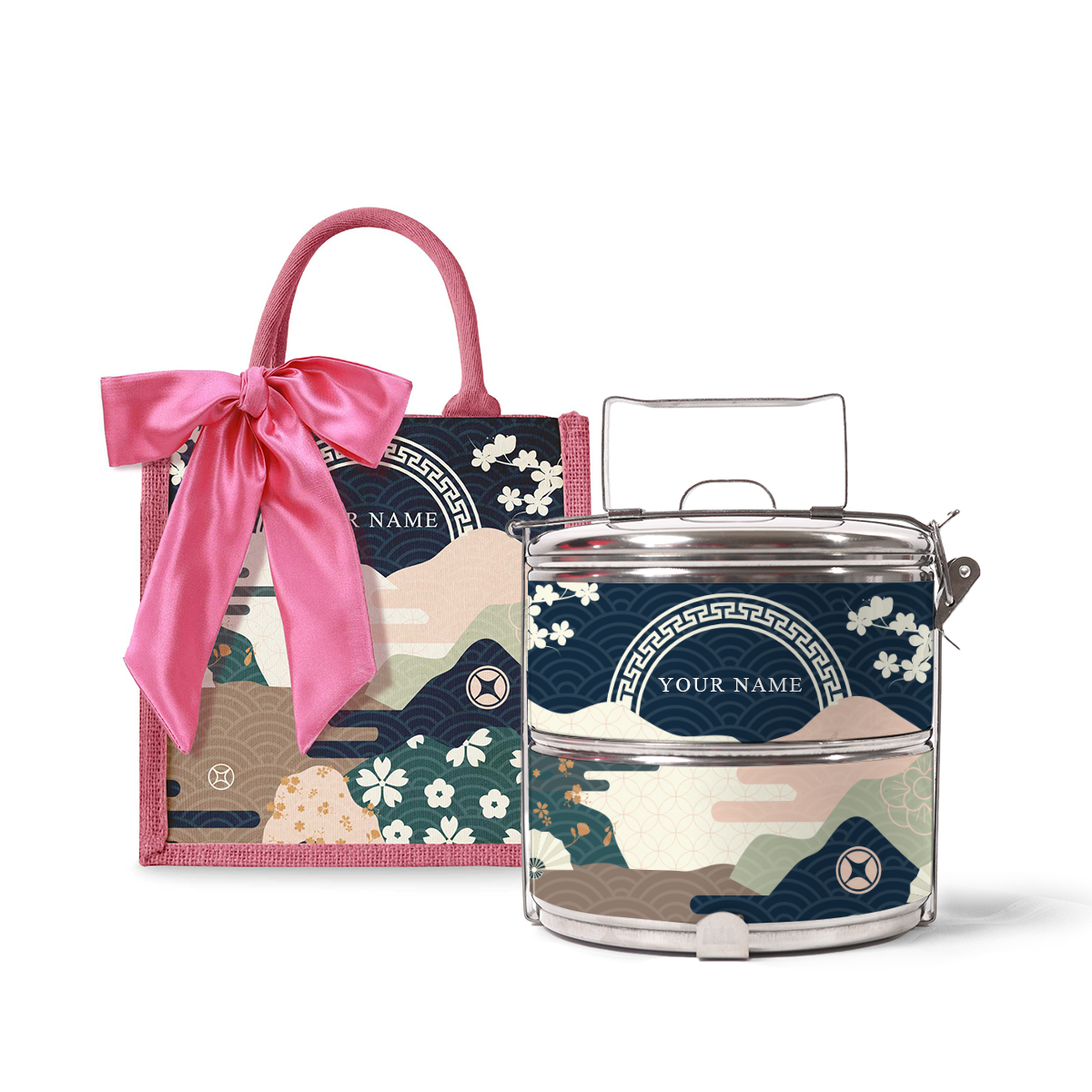 Fortune Garden (Navy Design) - Lunch Tote Bag with Two-Tier Tiffin Carrier