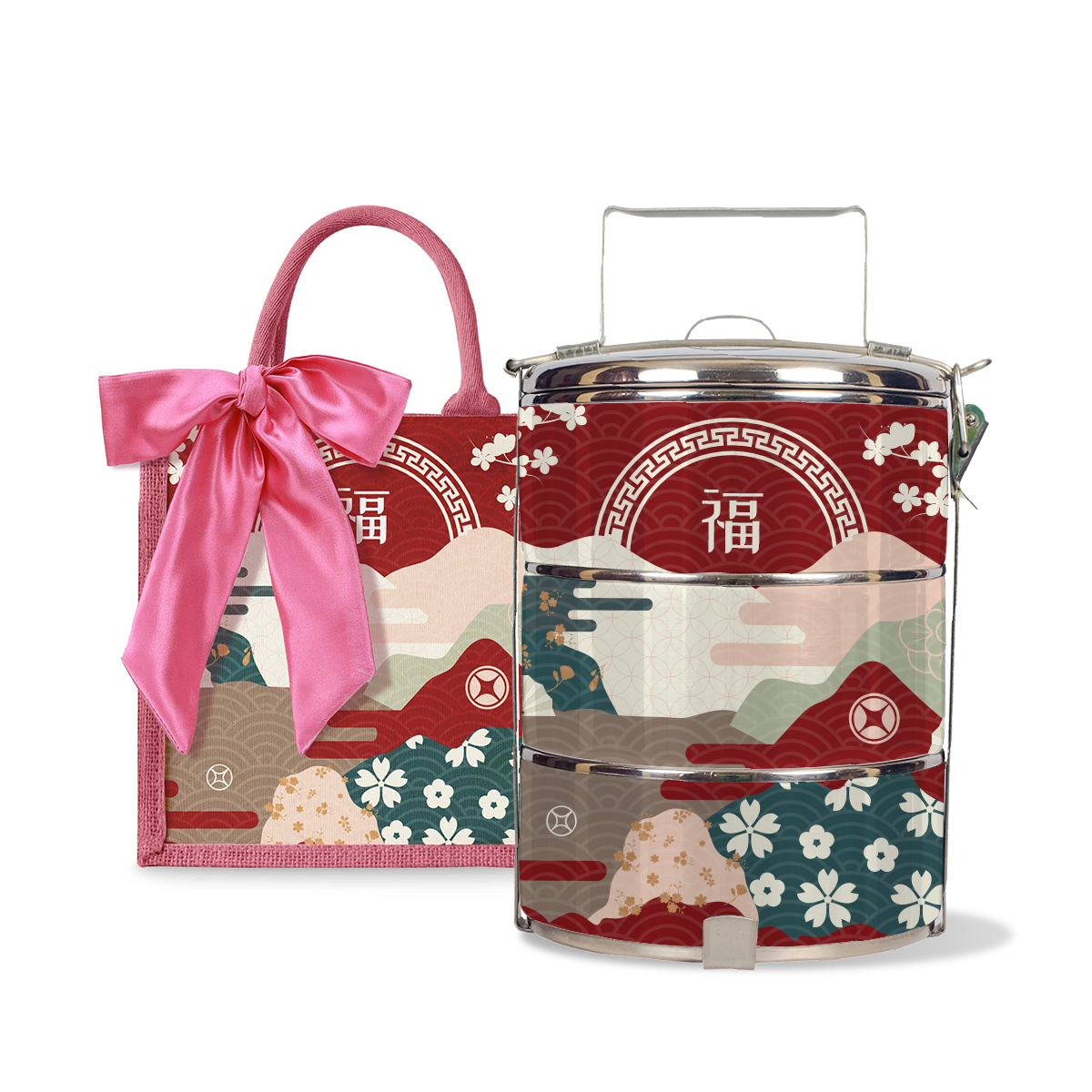 Fortune Garden (Red Design) - Lunch Tote Bag with Three-Tier Tiffin Carrier