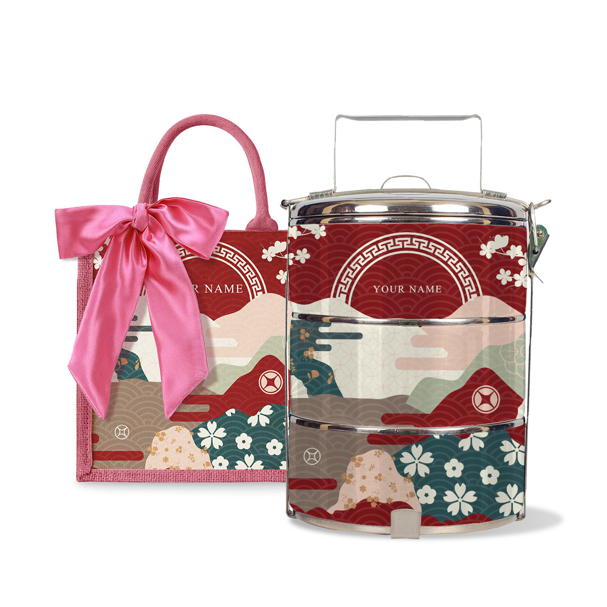 Fortune Garden (Red Design) - Lunch Tote Bag with Three-Tier Tiffin Carrier