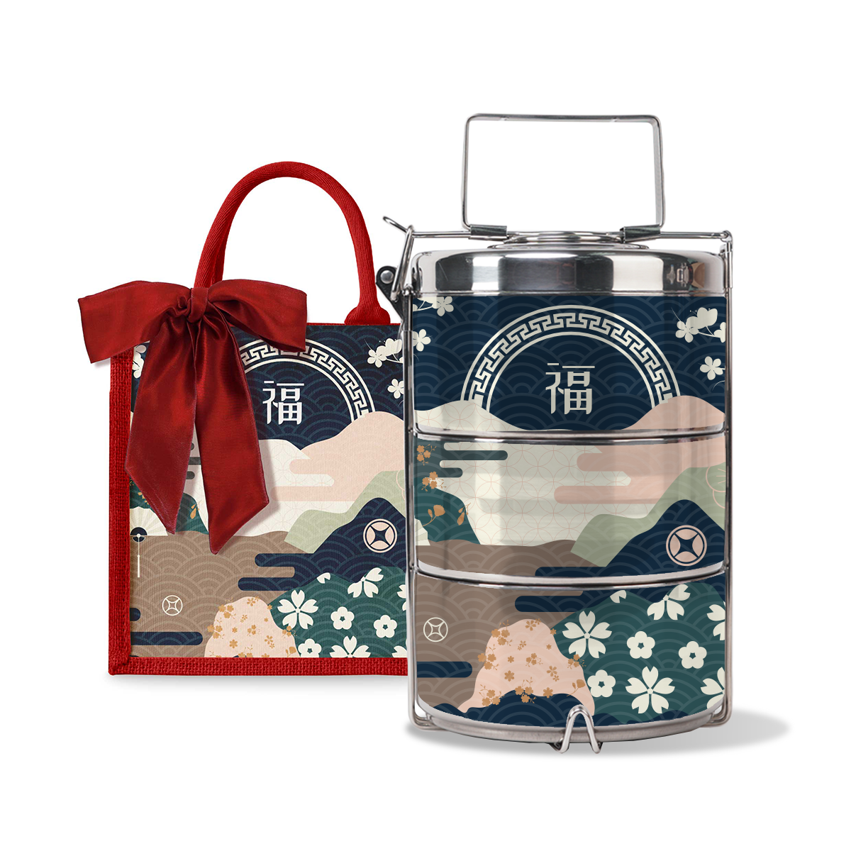 Fortune Garden (Navy Design) - Lunch Tote Bag with Three-Tier Tiffin Carrier