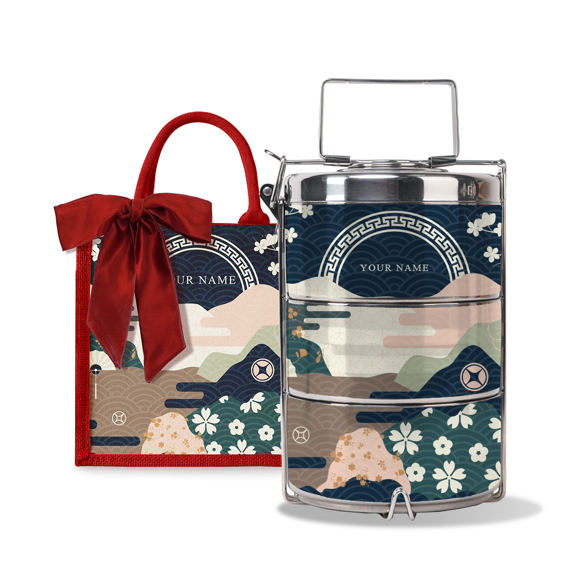 Fortune Garden (Navy Design) - Lunch Tote Bag with Three-Tier Tiffin Carrier