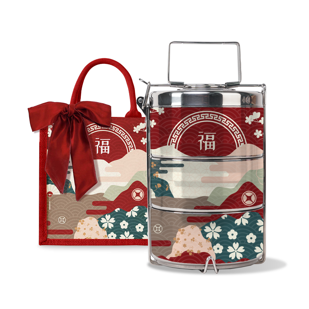 Fortune Garden (Red Design) - Lunch Tote Bag with Three-Tier Tiffin Carrier