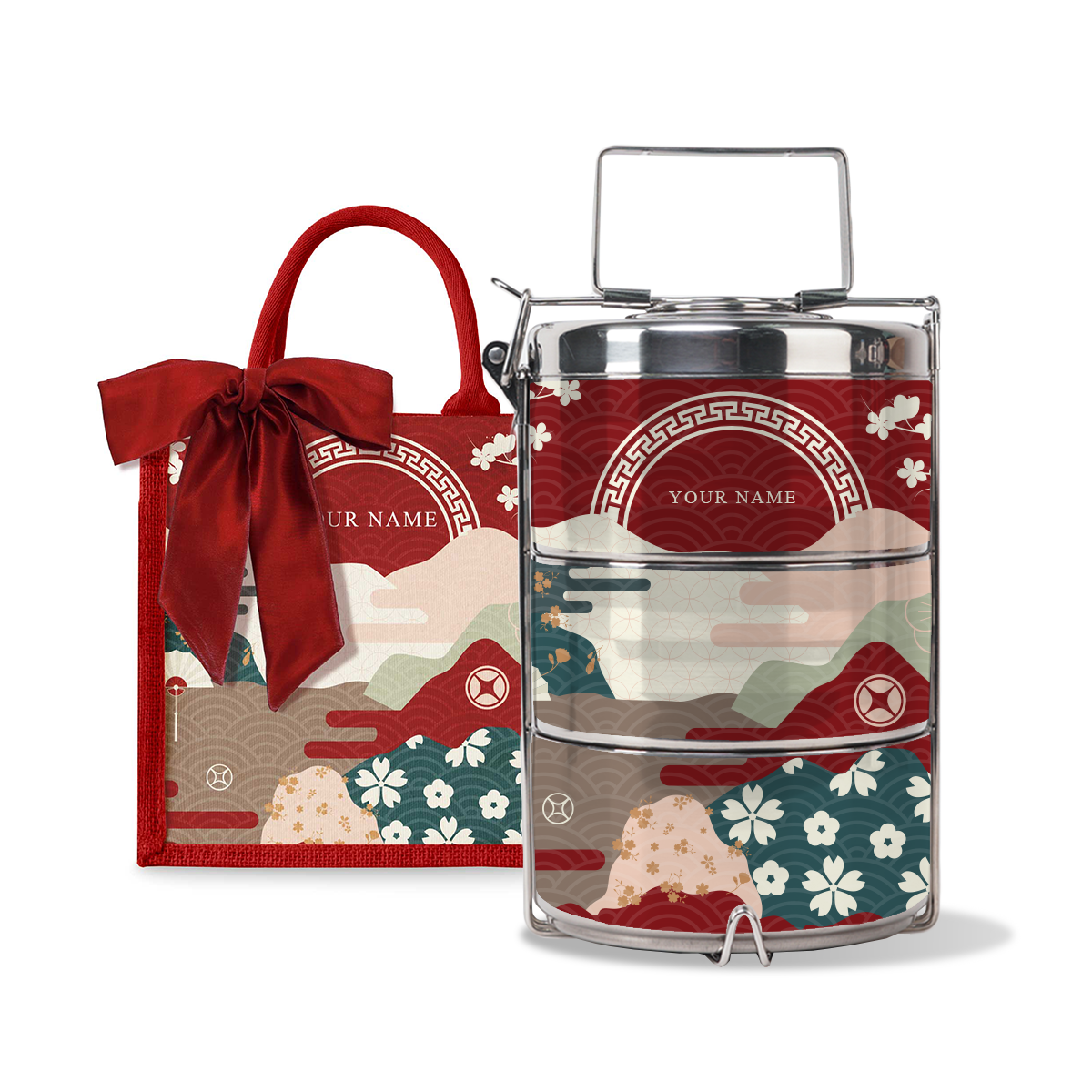 Fortune Garden (Red Design) - Lunch Tote Bag with Three-Tier Tiffin Carrier