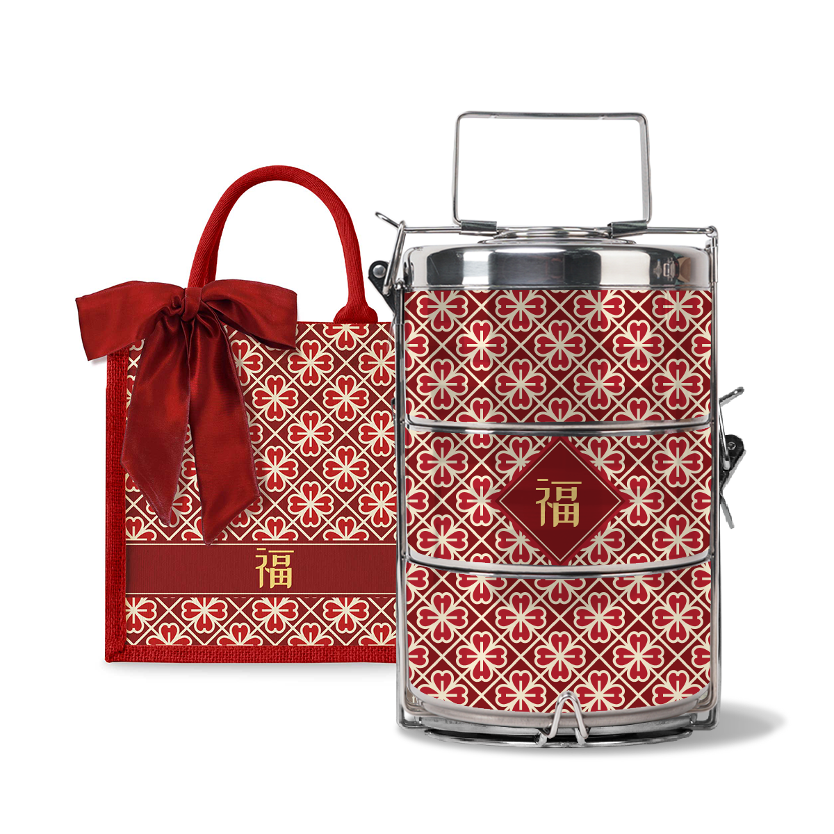 Lucky Jade (Red Design) - Lunch Tote Bag with Three-Tier Tiffin Carrier