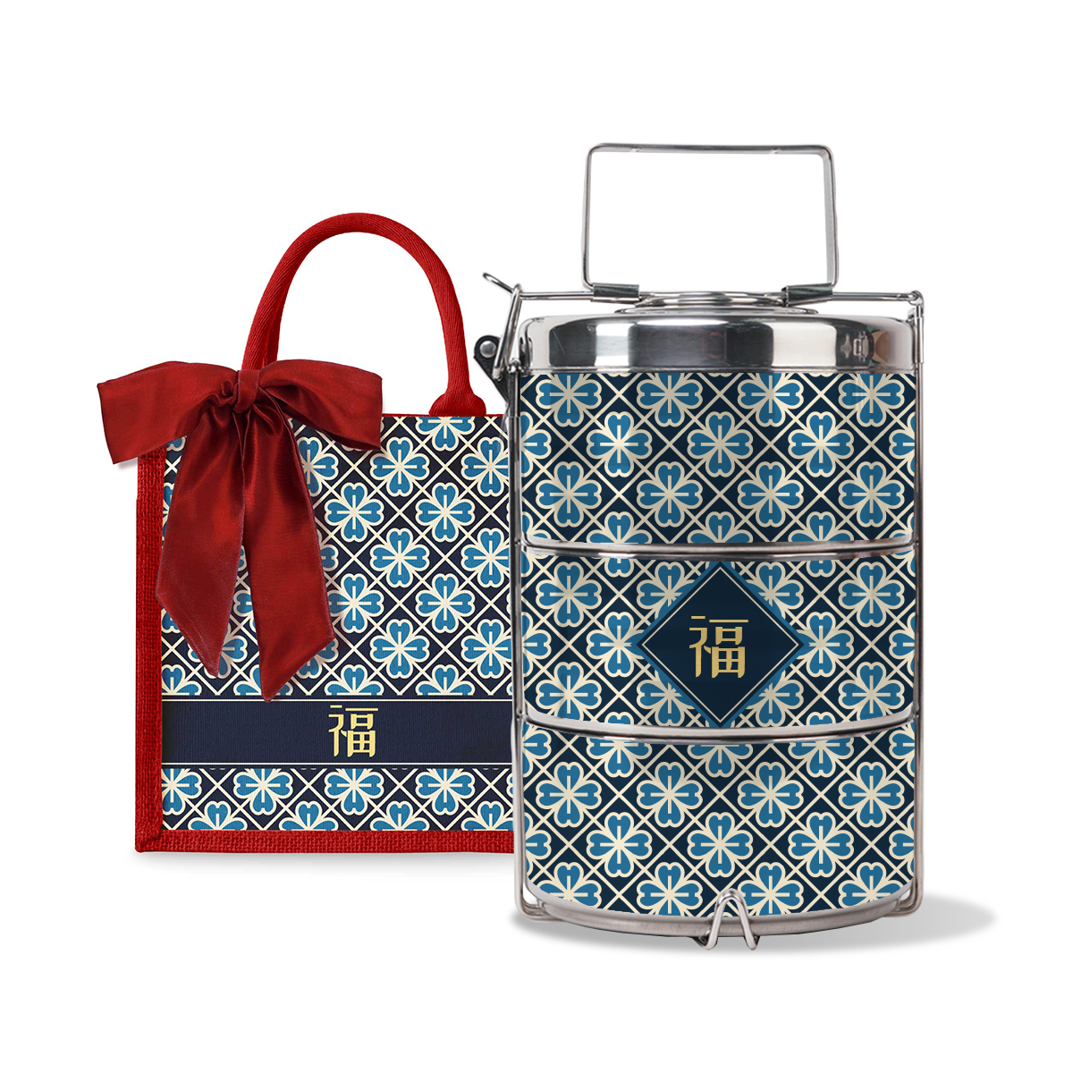 Lucky Jade (Navy Design) - Lunch Tote Bag with Three-Tier Tiffin Carrier