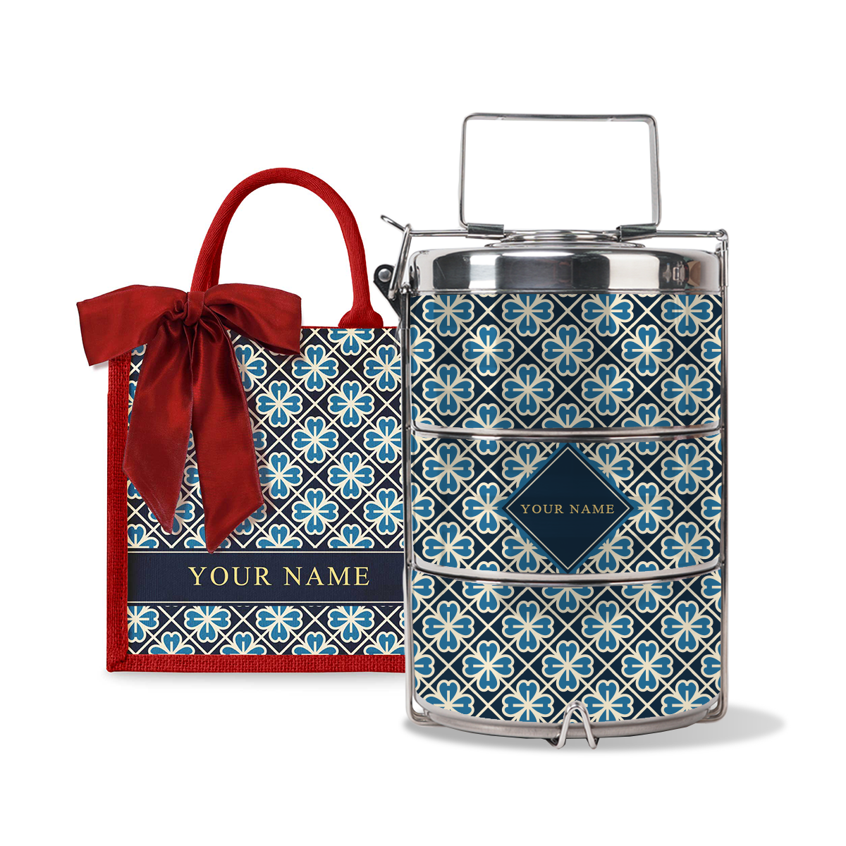 Lucky Jade (Navy Design) - Lunch Tote Bag with Three-Tier Tiffin Carrier