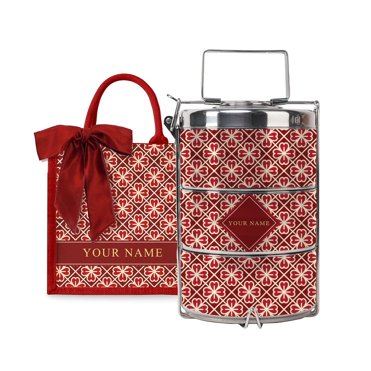 Lucky Jade (Red Design) - Lunch Tote Bag with Three-Tier Tiffin Carrier