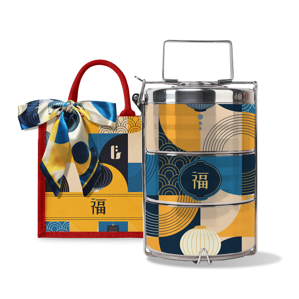 Lunar Blessing (Navy Design) - Lunch Tote Bag with Three-Tier Tiffin Carrier