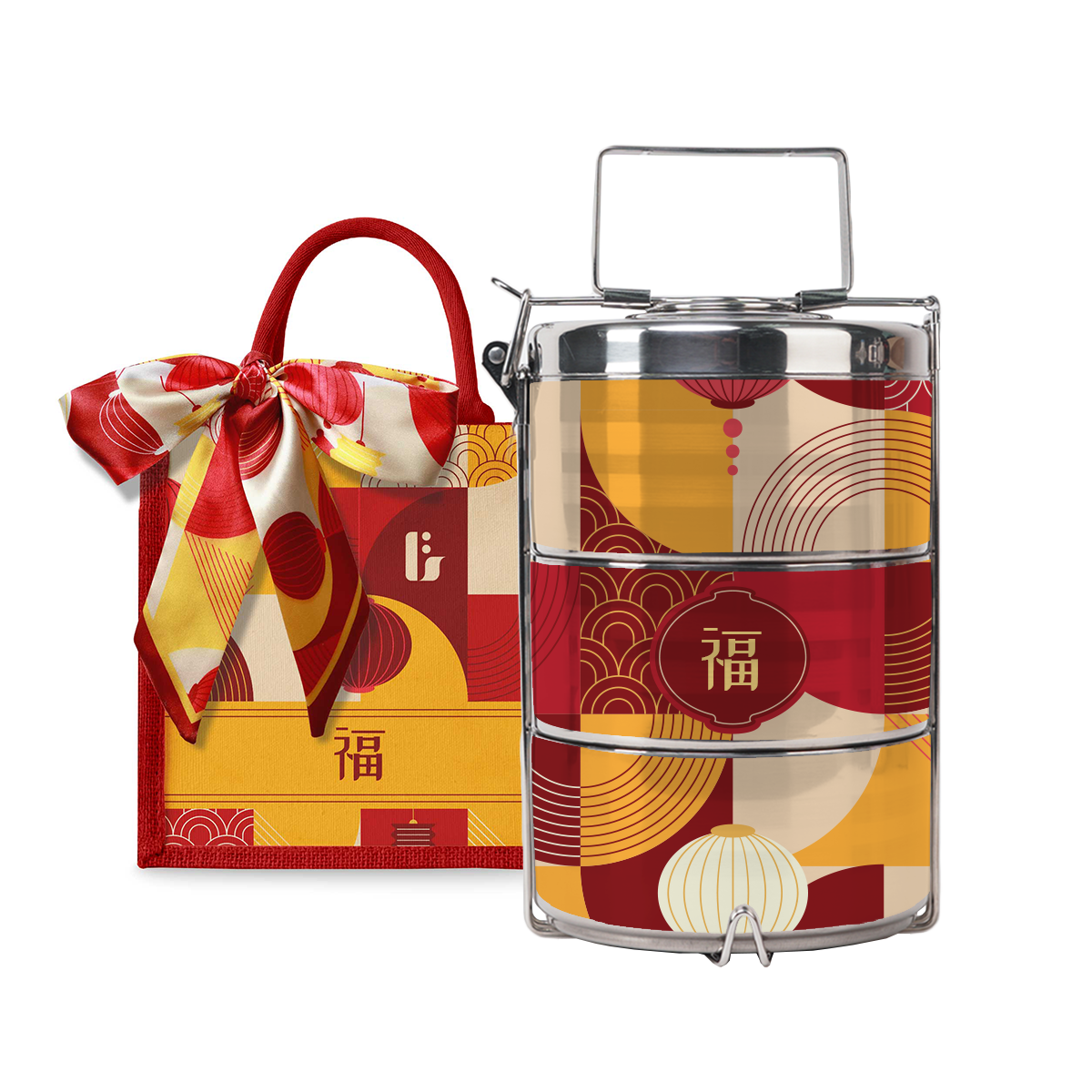 Lunar Blessing (Red Design) - Lunch Tote Bag with Three-Tier Tiffin Carrier