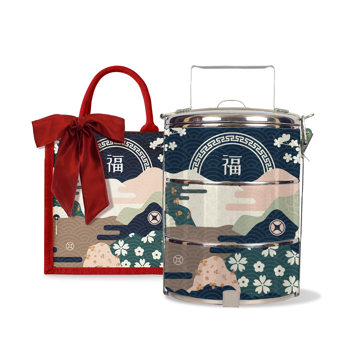 Fortune Garden (Navy Design) - Lunch Tote Bag with Three-Tier Tiffin Carrier